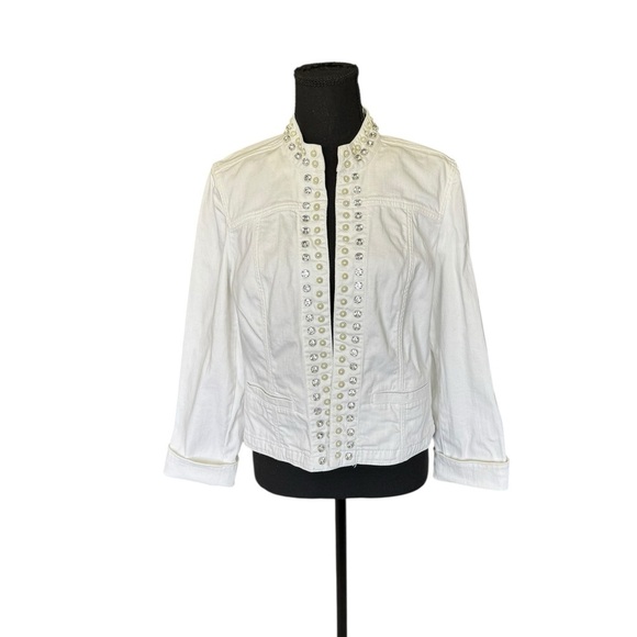 Chico’s Platinum White Embellished Jacket Sz 1 (M) Pearl & Rhinestone Trim M6 - Picture 1 of 10